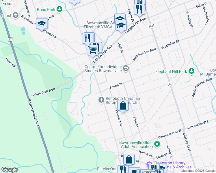map of restaurants, bars, coffee shops, grocery stores, and more near in Bowmanville