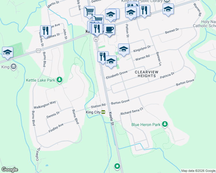 map of restaurants, bars, coffee shops, grocery stores, and more near 34 Clearview Heights in King City