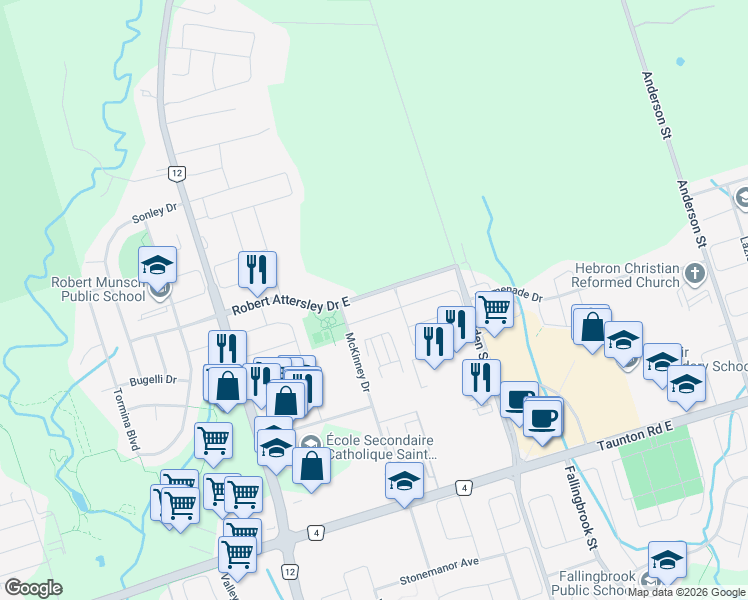 map of restaurants, bars, coffee shops, grocery stores, and more near 75 Robert Attersley Drive East in Whitby