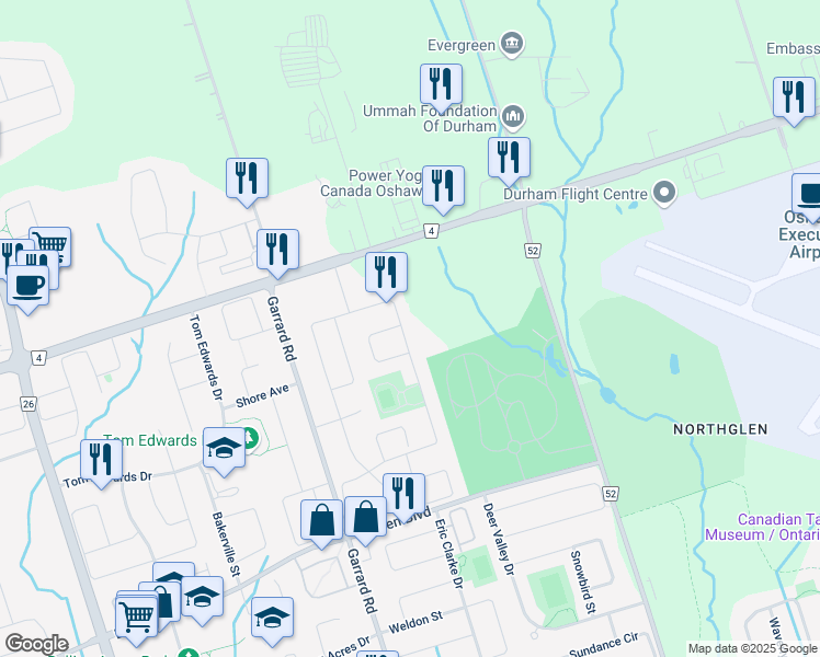 map of restaurants, bars, coffee shops, grocery stores, and more near 113 Lady May Drive in Whitby
