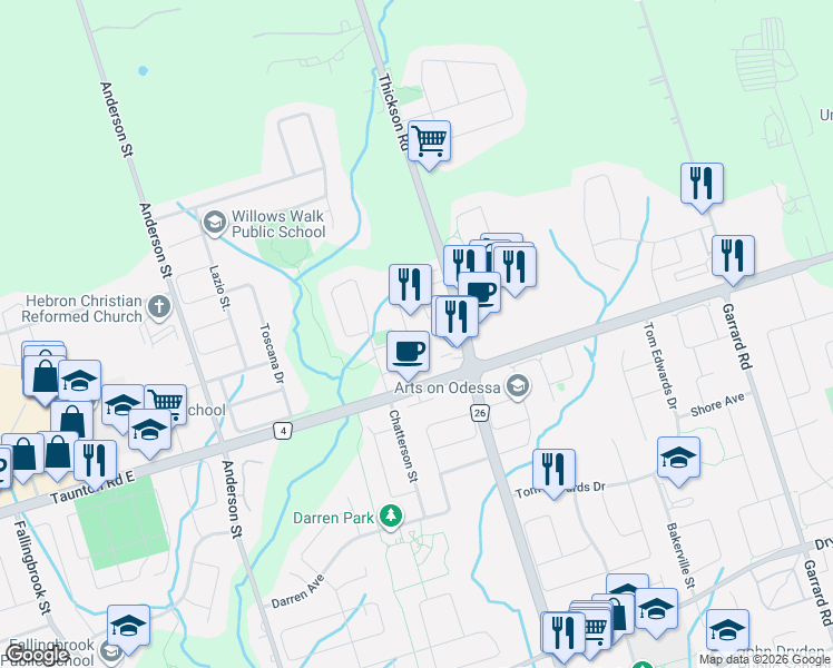 map of restaurants, bars, coffee shops, grocery stores, and more near 61 Summerside Avenue in Whitby
