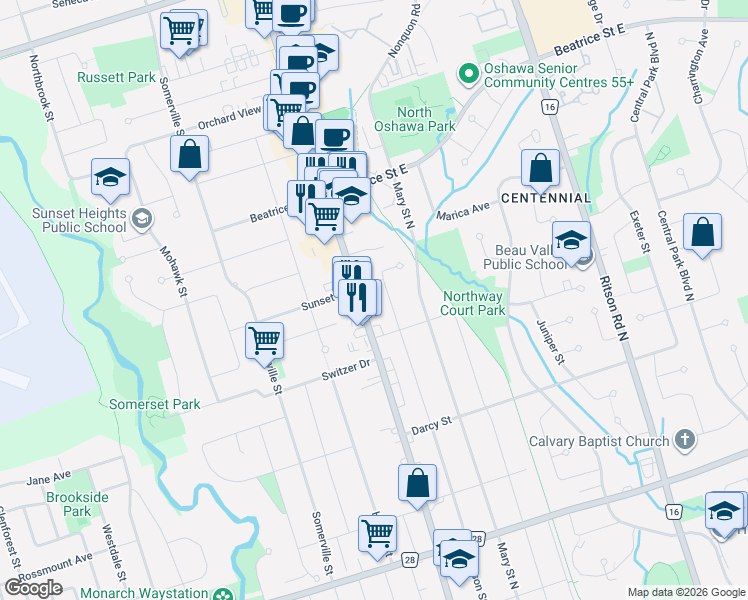 map of restaurants, bars, coffee shops, grocery stores, and more near 945 Simcoe Street North in Oshawa