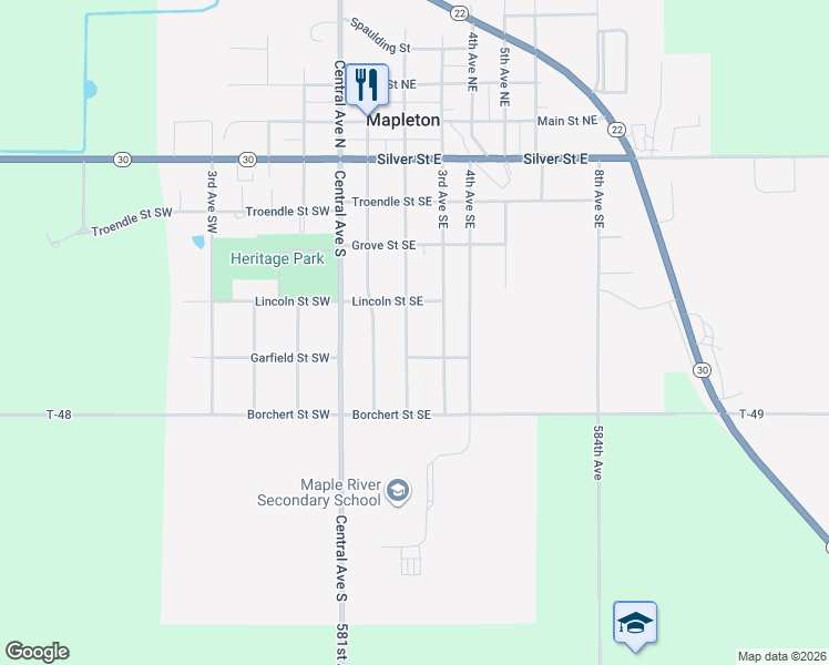 map of restaurants, bars, coffee shops, grocery stores, and more near 407 2nd Avenue Southeast in Mapleton