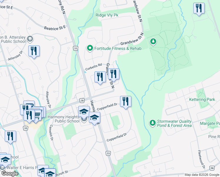 map of restaurants, bars, coffee shops, grocery stores, and more near 711 Grandview Street North in Oshawa