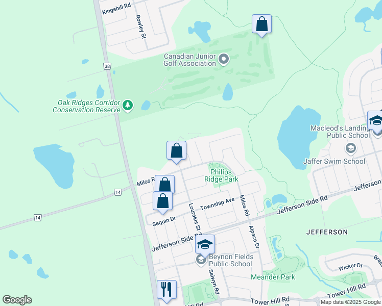 map of restaurants, bars, coffee shops, grocery stores, and more near 15 Military Court in Richmond Hill