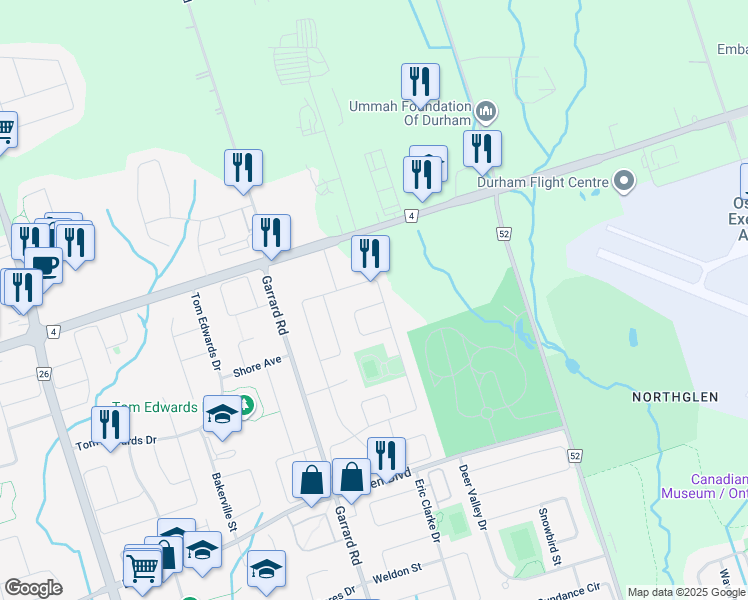 map of restaurants, bars, coffee shops, grocery stores, and more near 120 Lady May Drive in Whitby