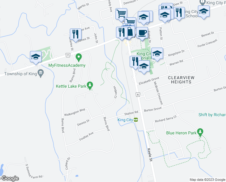 map of restaurants, bars, coffee shops, grocery stores, and more near 36 Hogan Court in King City