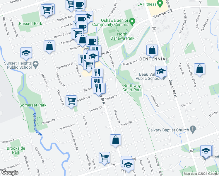 map of restaurants, bars, coffee shops, grocery stores, and more near 955 Masson Street in Oshawa