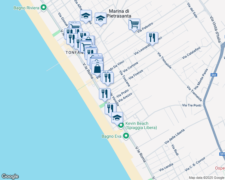 map of restaurants, bars, coffee shops, grocery stores, and more near 8 Via Siena in Pietrasanta