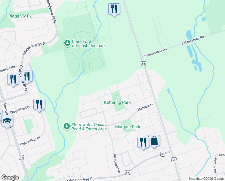 map of restaurants, bars, coffee shops, grocery stores, and more near 42 Coe Drive in Ajax