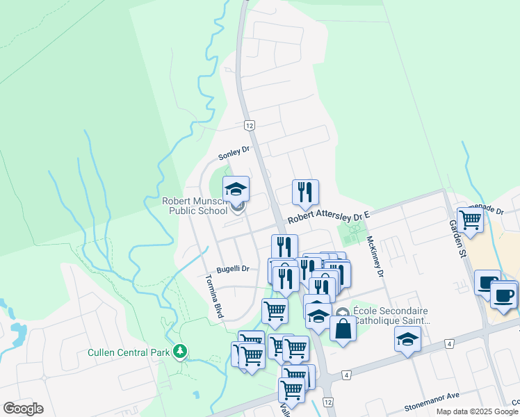 map of restaurants, bars, coffee shops, grocery stores, and more near 14 Lurosa Crescent in Whitby