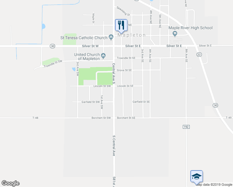 map of restaurants, bars, coffee shops, grocery stores, and more near 405 Central Avenue South in Mapleton