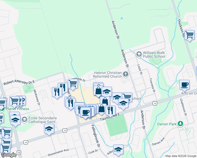 map of restaurants, bars, coffee shops, grocery stores, and more near 79 Promenade Drive in Whitby