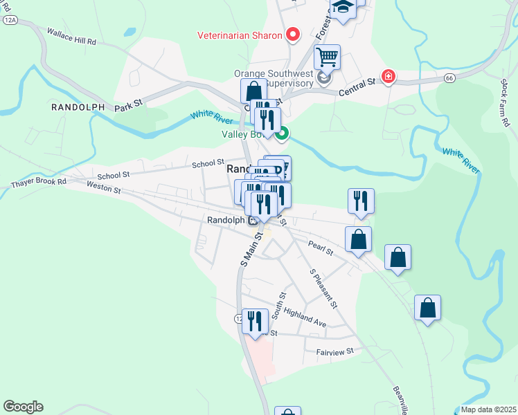 map of restaurants, bars, coffee shops, grocery stores, and more near 8 N Main St in Randolph