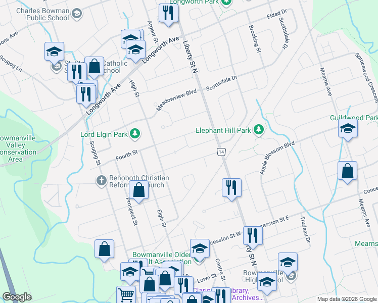 map of restaurants, bars, coffee shops, grocery stores, and more near in Bowmanville