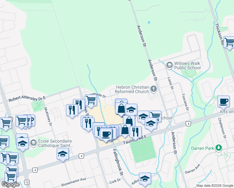 map of restaurants, bars, coffee shops, grocery stores, and more near Promenade Drive in Whitby