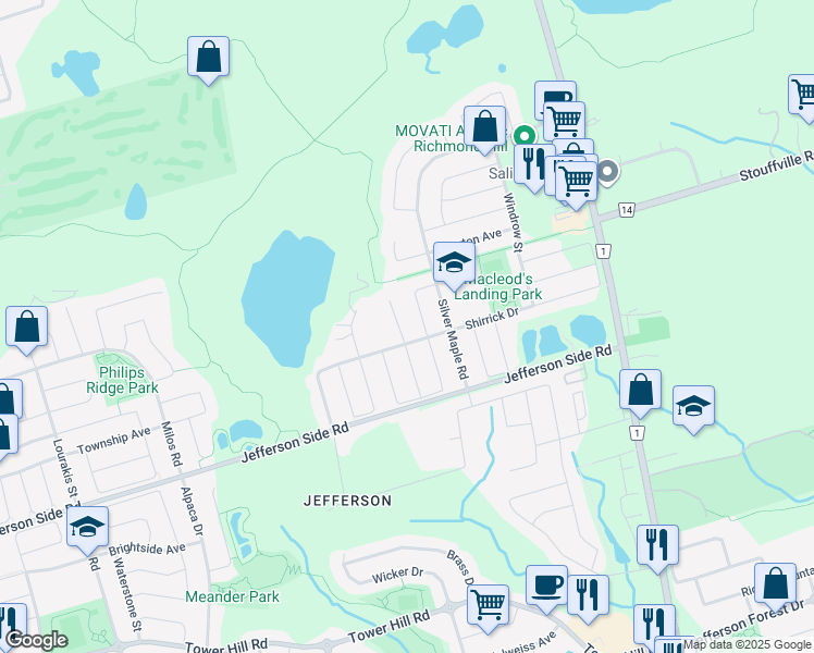 map of restaurants, bars, coffee shops, grocery stores, and more near 5 Roderick Court in Richmond Hill