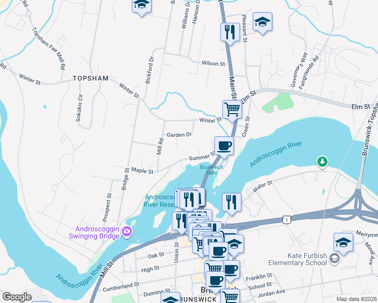 map of restaurants, bars, coffee shops, grocery stores, and more near 27 Summer Street in Topsham