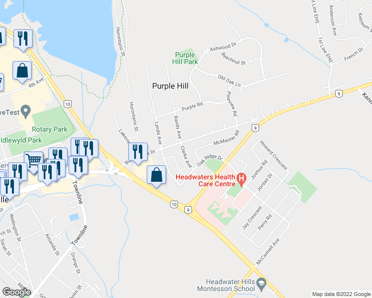 map of restaurants, bars, coffee shops, grocery stores, and more near 23 Clarke Avenue in Orangeville