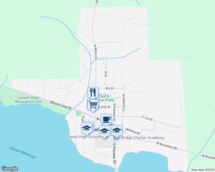 map of restaurants, bars, coffee shops, grocery stores, and more near 402 D Street in Lowell
