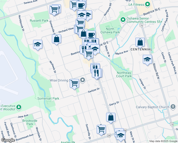 map of restaurants, bars, coffee shops, grocery stores, and more near 30 Sunset Drive in Oshawa