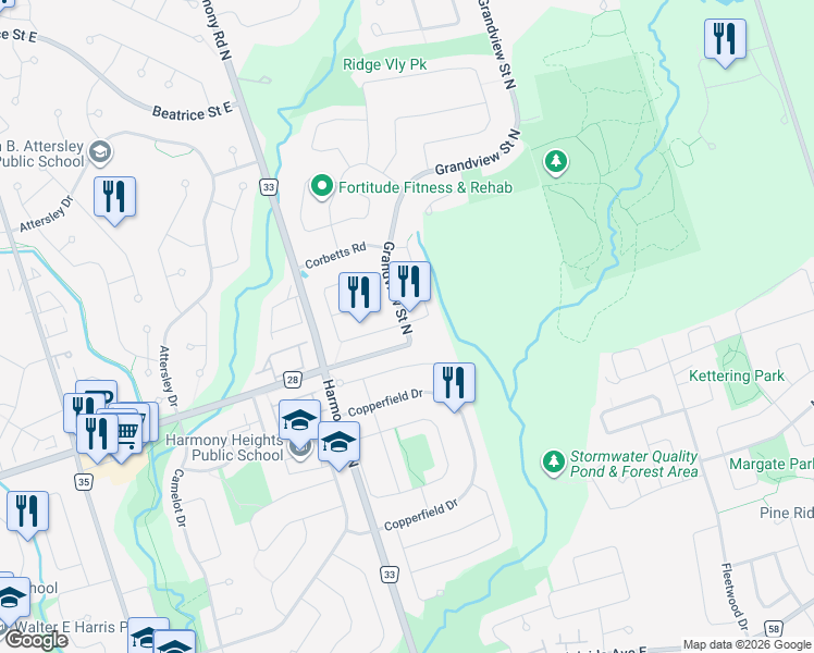 map of restaurants, bars, coffee shops, grocery stores, and more near 711 Grandview Street North in Oshawa