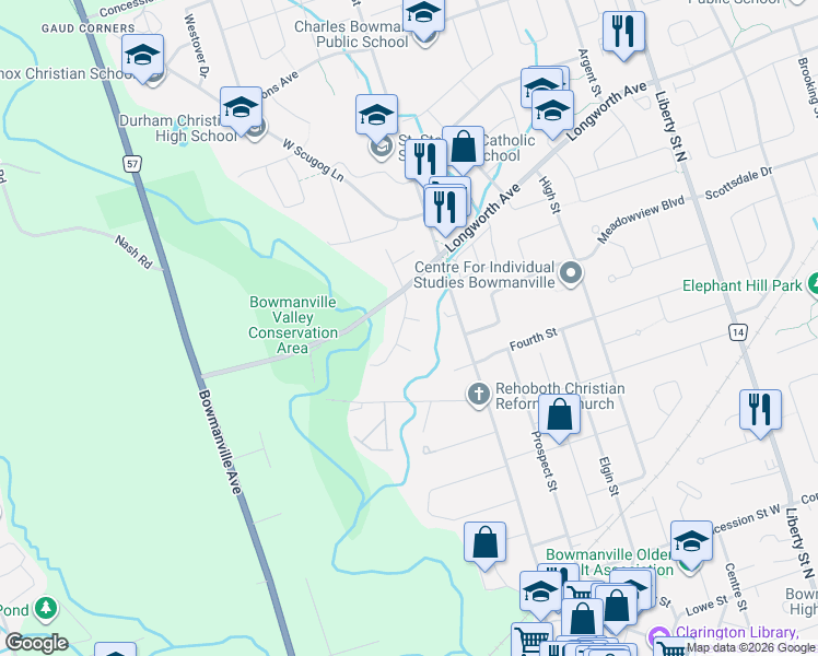 map of restaurants, bars, coffee shops, grocery stores, and more near 23 Don Morris Court in Bowmanville
