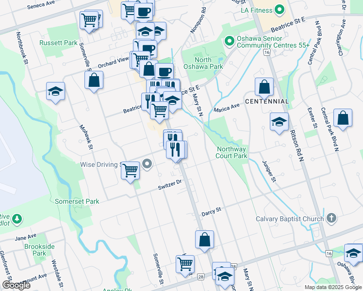 map of restaurants, bars, coffee shops, grocery stores, and more near 949 Simcoe Street North in Oshawa