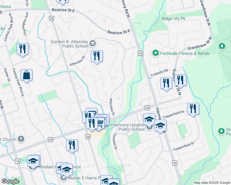 map of restaurants, bars, coffee shops, grocery stores, and more near 763 Attersley Drive in Oshawa