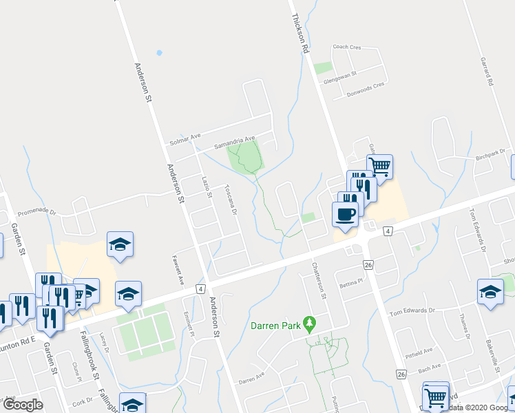 map of restaurants, bars, coffee shops, grocery stores, and more near in Whitby
