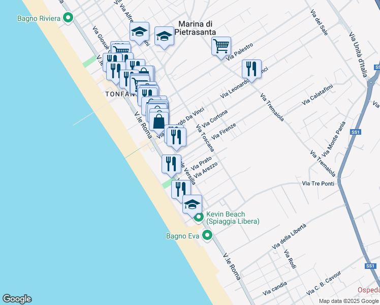map of restaurants, bars, coffee shops, grocery stores, and more near 8 Via Siena in Pietrasanta