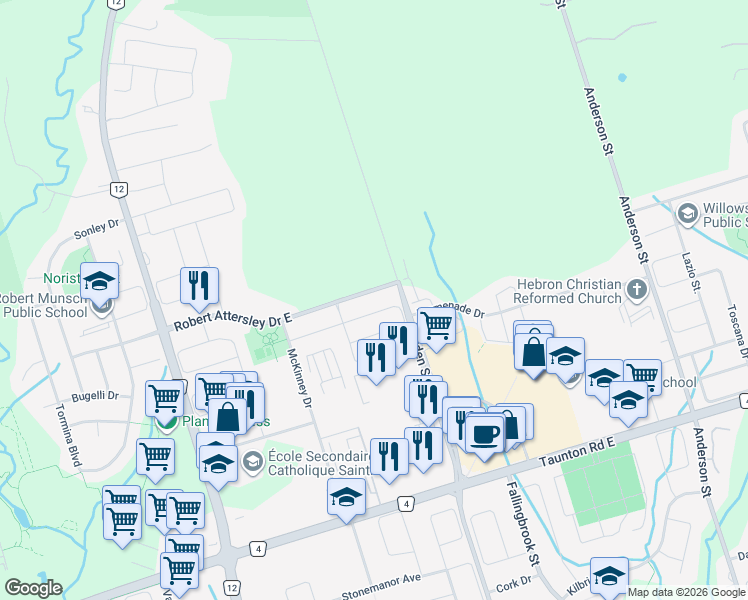 map of restaurants, bars, coffee shops, grocery stores, and more near in Whitby