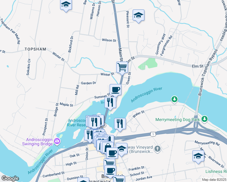 map of restaurants, bars, coffee shops, grocery stores, and more near 5 Main Street in Topsham