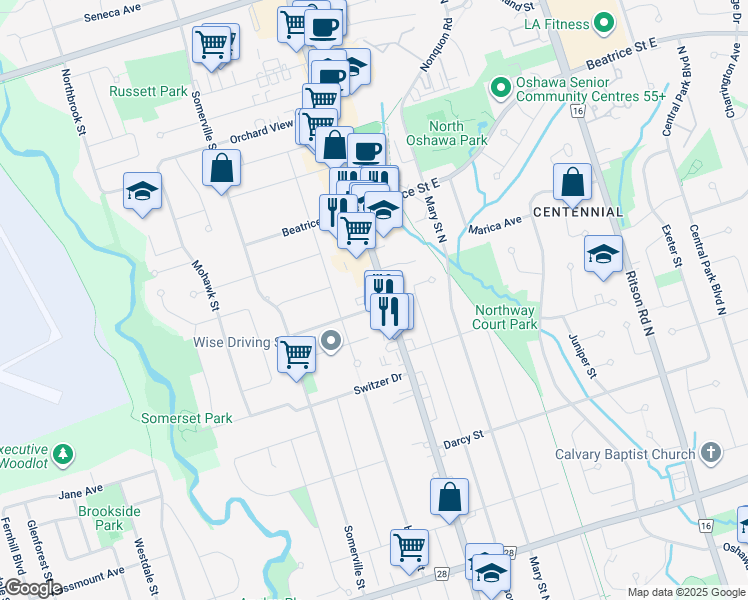 map of restaurants, bars, coffee shops, grocery stores, and more near 30 Sunset Drive in Oshawa