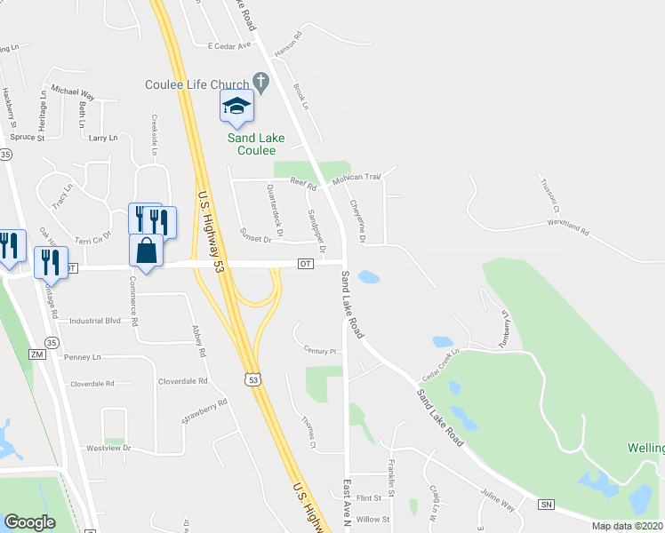 map of restaurants, bars, coffee shops, grocery stores, and more near 400 County Road OT in Onalaska