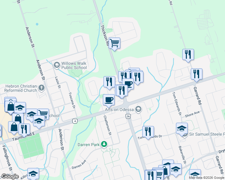 map of restaurants, bars, coffee shops, grocery stores, and more near 8 Maidstone Way in Whitby