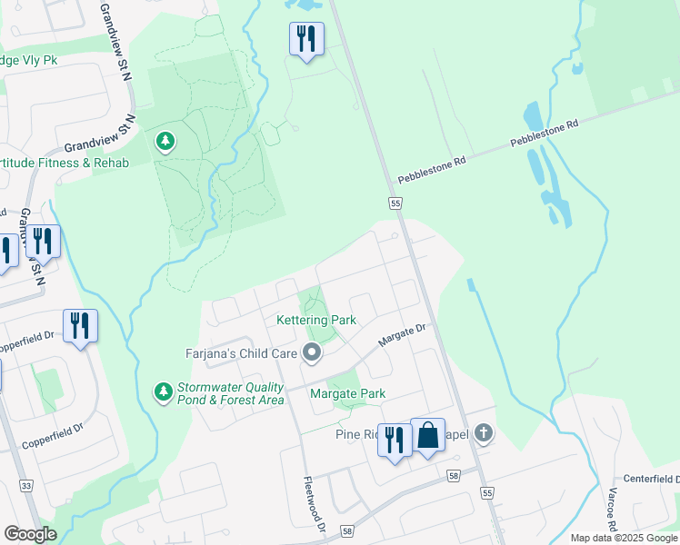 map of restaurants, bars, coffee shops, grocery stores, and more near 653 Autumnwood Trail in Oshawa