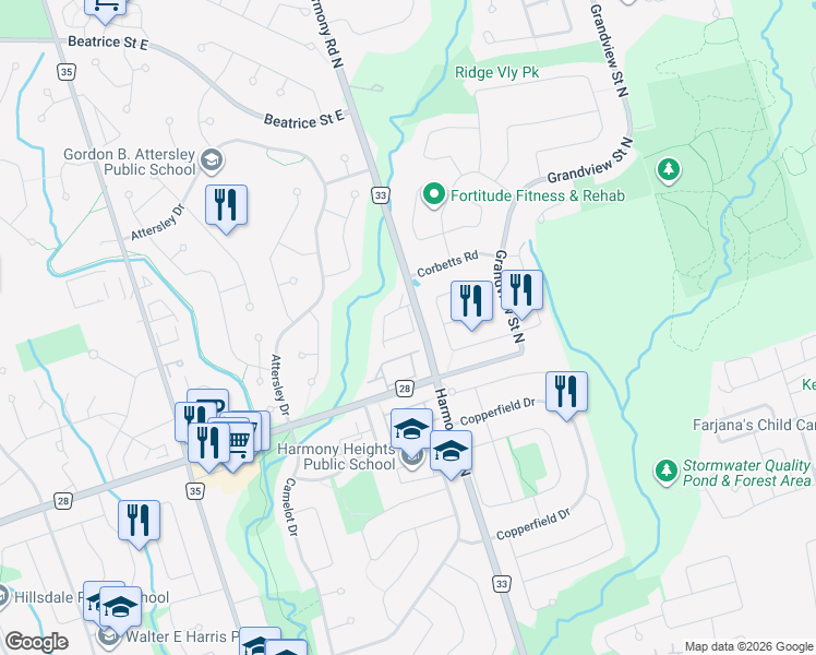 map of restaurants, bars, coffee shops, grocery stores, and more near 800 Rossland Road East in Oshawa