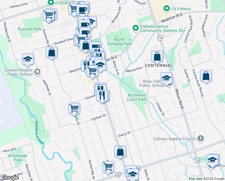 map of restaurants, bars, coffee shops, grocery stores, and more near 973 Masson Street in Oshawa