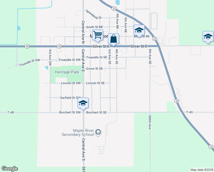 map of restaurants, bars, coffee shops, grocery stores, and more near 407 2nd Avenue Southeast in Mapleton