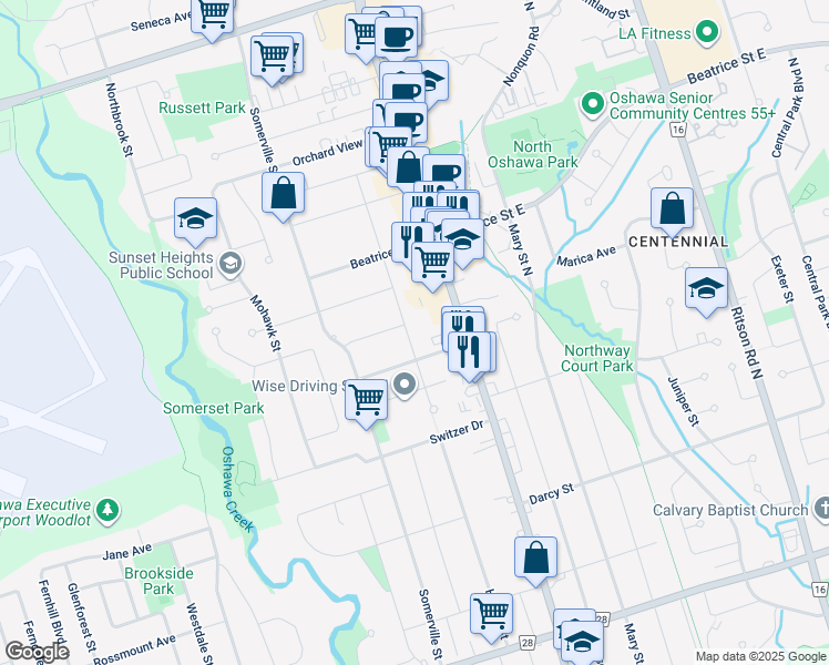 map of restaurants, bars, coffee shops, grocery stores, and more near 995 Hortop Street in Oshawa