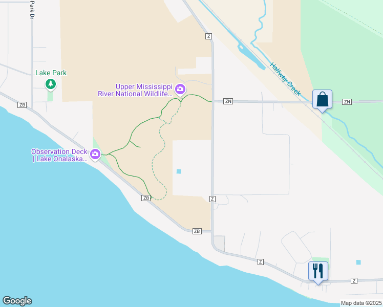 map of restaurants, bars, coffee shops, grocery stores, and more near N5549 County Road Z in Onalaska