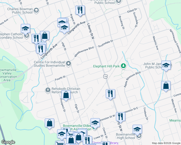 map of restaurants, bars, coffee shops, grocery stores, and more near in Bowmanville