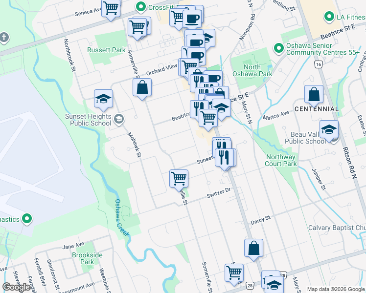 map of restaurants, bars, coffee shops, grocery stores, and more near 80 Sherwood Avenue in Oshawa