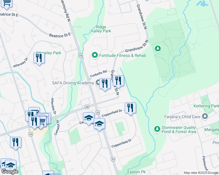 map of restaurants, bars, coffee shops, grocery stores, and more near 905 Kingsley Court in Oshawa
