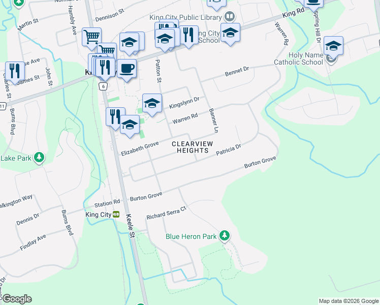 map of restaurants, bars, coffee shops, grocery stores, and more near 165 Clearview Heights in King City