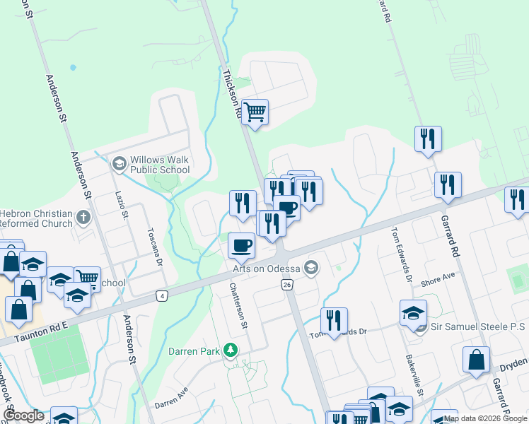 map of restaurants, bars, coffee shops, grocery stores, and more near 3 Gateway Court in Whitby