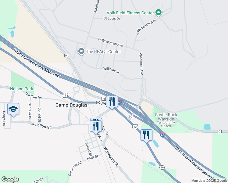 map of restaurants, bars, coffee shops, grocery stores, and more near 8 Madison Boulevard in Camp Douglas