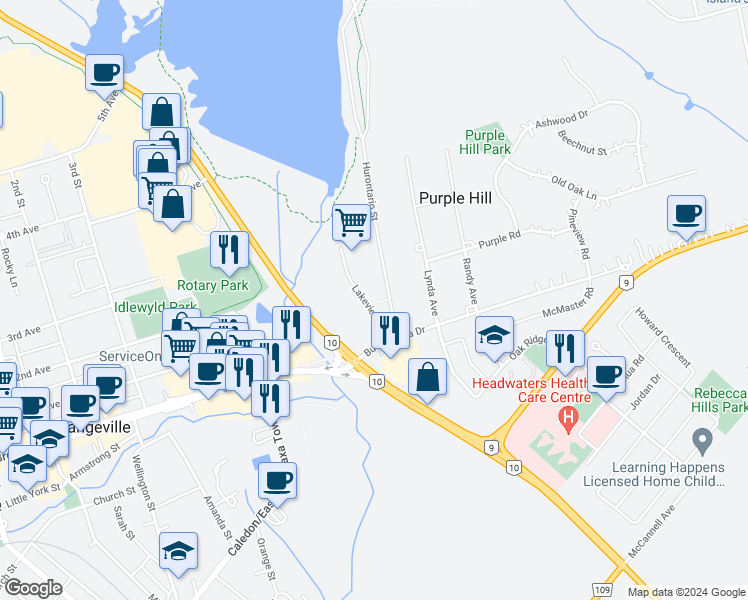 map of restaurants, bars, coffee shops, grocery stores, and more near 32 Lakeview Court in Orangeville