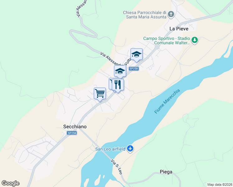 map of restaurants, bars, coffee shops, grocery stores, and more near Strada Statale Marecchia in Secchiano